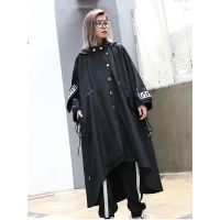 2022 Spring and Autumn Ladies Splicing Black Windbreaker Tide Long Print Street Hoodie Casual Wide Waist Coat