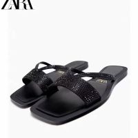 New womens shoes in summer square cross flat sandals za/ra  simple and versatile sandals flat slippers women wear beach slippers.