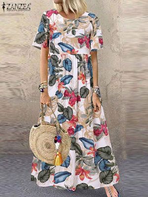 2023 ZANZEA Bohemian Holiday Sundress Summer Women Vintage Floral Printed Short Sleeve Beach Dress Loose Long Vestido Robe Femme