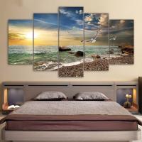 Sunset Landscape Animal Seagull Beach Wall Art ภาพวาดผ้าใบ-ชุด5ชิ้น-เหมาะสำหรับตกแต่งห้องครัวร้านอาหาร-ห้องนั่งเล่นที่สวยงามพิมพ์โปสเตอร์