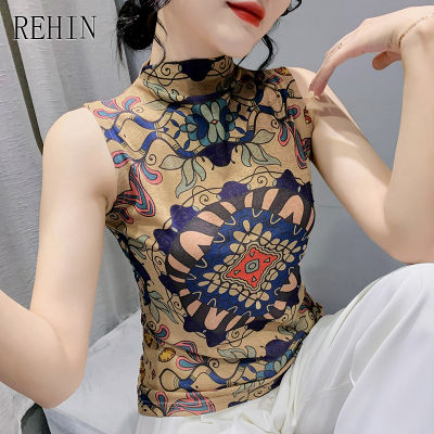 เสื้อยืดแขนกุดพิมพ์ลาย REHIN สำหรับผู้หญิง Half High Neck Slim Fit Thin Tanks