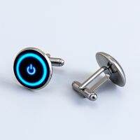 【CW】 Konminry Power Button Computer Cufflinks symbol Blue button Switch Tech Gamer Glass Dome For Men Gift