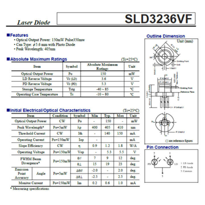 huali02-sld3236vf-ไดโอดเลเซอร์-to18-150mw-405nm-1ชิ้นใหม่