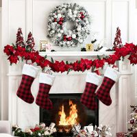 Christmas Plaid Stockings Hanging Ornaments  Fluffy Top Tartan Tassels Gifts Bag Reusable Xmas Home Decoration Living Room Decor Socks Tights