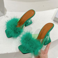Size 35-41 y Strange Transparent Heels Slippers Fashion Fur Feather Summer Sandals Peep Toe Slip-On Clear Shoes Women Slides