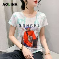 AOLINA 2023เสื้อผ้าหน้าร้อนเสื้อผู้หญิงแขนสั้นตัวอักษรกางเกงขายาวพิมพ์ลายแฟชั่นใหม่เสื้อยืดผ้าฝ้าย