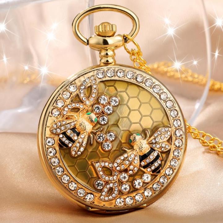 นาฬิกาพกประดับเพชรคริสตัลดอกไม้ผึ้งควอทซ์เครื่องประดับสร้อยคอจี้สร้อยคอสุดหรูนาฬิกาสายโซ่ประดับเพชร
