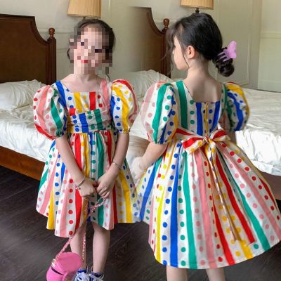 Girls Dress Circus Color Strip Lace-Up Puff Sleeve Princess Childrens Clothing