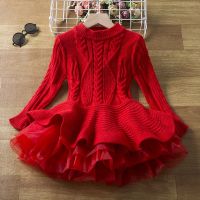 Winter Girls Knit Sweater Dress Red Christmas Party Dresses 3-8 Yrs Long Sleeve Warm Kids Clothes 2023 Children New Year Costume