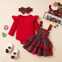 Autumn Christmas Infant Baby Girl Fall Outfits Ribbed Long Sleeve Rompers Ruffles Plaid Suspender Skirts Clothes Set