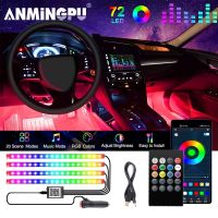 【ขายดี528】Anmingpu Neon RGB 72แสงไฟเท้าโดยรอบภายในรถ LED ด้วยแอป USB ควบคุมเพลงแบบไร้สายโคมไฟตกแต่งบรรยากาศ