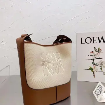 Loewe Gate' Woven Handle Anagram Canvas Bucket Bag In Natural/black