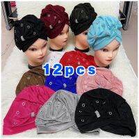 【YF】 12pcs Latest Fashion Muslim Female Turban Hat Bonnet Elastic FabricHot Rhinestone Solid Indian Beanie Hair Bonnets Cap For Women