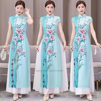 Gaun Pakaian Tradisional ชุดอ๊าวส่ายเวียดนาม2023 Gaun Malam Cina Gaun Qipao Cetak Bunga Elegan ชุดกี่เพ้าวินเทจแบบตะวันออก