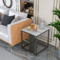 โต๊ะข้างโซฟา สี่เหลี่ยมผืนผ้า 2 Tiers 40x40x45ซม Sintered Stone White Table Square Marble Side Table โต๊ะหินอ่อน End Table with Storage Space Metal Frame