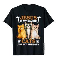 Jesus Is My Savior Cats Are My Therapy Christian Funny Cat T-Shirt Hip Hop T Shirts Tops Tees Cotton Men Group