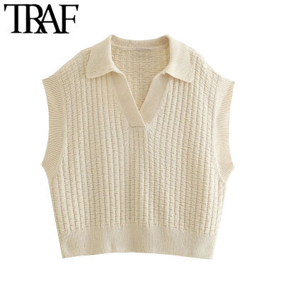 TRAF Women Fashion Oversized Knitted Vest Sweater Vintage Lapel Collar Sleeveless Female Waistcoat Chic Tops