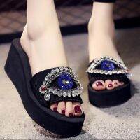 Summer Women Crystal Eyes Wedges Sandals Stretch Fabric Platform Slippers Female Cozy Soft Bottom Beach Ladies Flip Flop s144