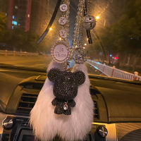 Luxury Diamond Rhinestone Cartoon Gloomy Bear Car Ornaments Crystal Tassels Pendant Mink Fur Car Mirror Hanging Decoration Women