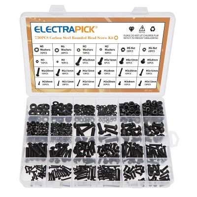 Electrapick 730pcs Round Head Carbon Steel Socket Head Cap Screws Metal Socket with Nut Washer Metic Nut and Bolt Assortment
