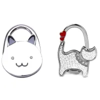 2 Pcs Foldable Handbag Hook Antislip Rubber Base Black Cat Cartoon &amp; Cat Shaped White