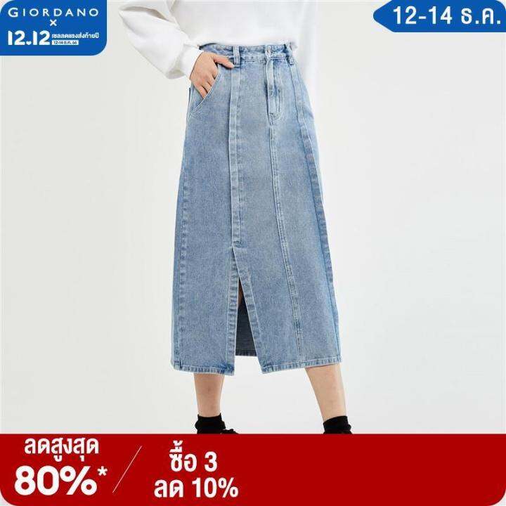 GIORDANO Women Skirts Stylish Side Split Exposed Seam Long Denim Skirts ...