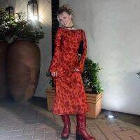 【YF】 2023 New Rose Flower Print O-Neck Long Sleeve Women 100  Silk Sexy Maxi Dress