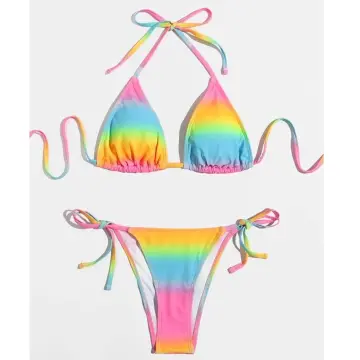 2pcs Women Split Bikini Sets Small Chest Push Up Split Seaside Swimsuit  Lace Up Two Pieces Swimwear 