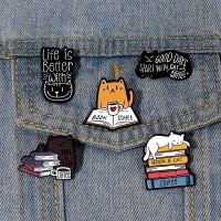 Book Cat Reading Coffee Enamel Pins Cartoon Animal Brooches for Bag Clothes Lapel Pin Decorative Badges for Book lover Wholesale Fashion Brooches Pins