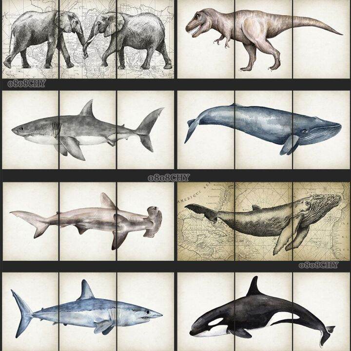 Retro สัตว์3ชิ้น Wall Art ตกแต่งภาพวาด-Blue Whale, Great White Shark