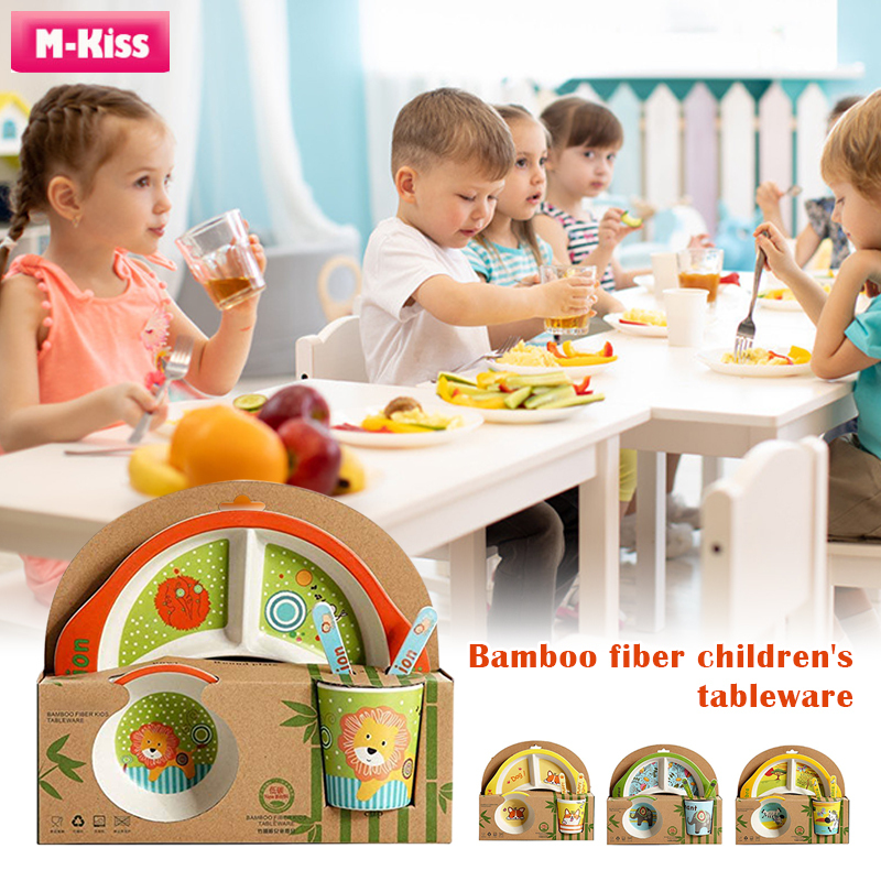 5pcs Baby Kids Training Utensils Bowl Spoon Bamboo Fiber Feeding Tableware Kit 
