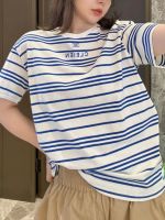 pure blue and white summer Korean style loose T-shirt for couples casual embroidered round neck letters ins western niche