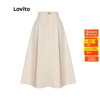 Lovito กระโปรงสีพื้น มีกระดุมหน้า ซิป สำหรับสตรี L47ED090 (สีกากี)