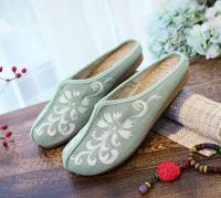 Veowalk Vegan Women Cotton Fabric Flat Mules Slippers Summer Comfortable Casual Close Toe Embroidered Shoes Grey Green White