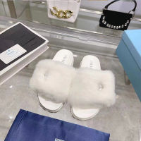 Prada รองเท้าสูงสำหรับผู้หญิง,รองเท้ารองเท้าแตะขนฟูระดับความขี้เกียจของแท้ Flip-flops35-41สง่างาม