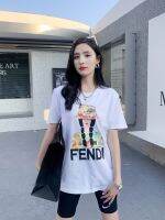 FENDISˉNew ฝ้ายวันหยุดสาวพิมพ์รอบคอแขนสั้นเสื้อยืดผู้หญิง