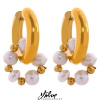 Yhpup Fans Welfare Style Natural Pearls Stainless Steel Waterproof 18k Gold Color Fashion Huggie Hoop Earrings Jewelry for Women