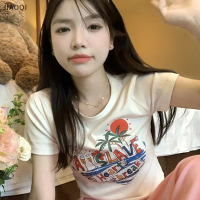 JIAOQI เสื้อยืดพิมพ์ลายการ์ตูนผู้หญิงคอกลมแขนสั้นสลิมเสื้อครอป