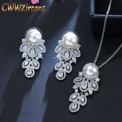 CWWZircons 2020 Fashion Brand Long Dangle CZ Crystal 925 Sterling Silver Pearl Necklace Earrings Jewelry Sets for Women T164