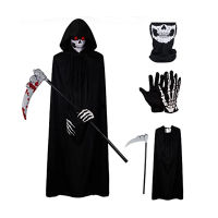 Lily S Shop 4PCS Halloween Reaper Costume For Adults, Deluxe Hooded Cloak + Skull Neck Gaiter + Gloves + Scythe Set