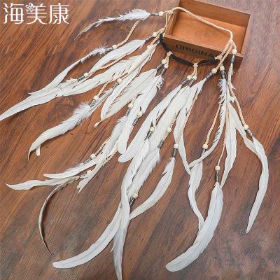 Haimeikang 2021 Hot Feather Headband สุภาพสตรี Headwear Boho สีขาว Feather ลูกปัด Handmade Holiday Hair Band อุปกรณ์เสริมผม