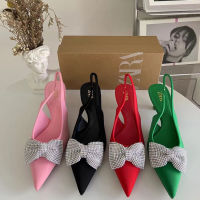 2022 New ZARAˉ French Elegant High Heel Pointed Shallow Bow Knot with Rhinestone Backstrap Open Heel Pointed Sandals for Women