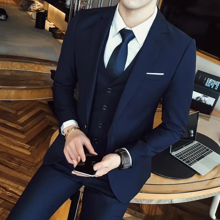 Luxury Mens Suits Set Formal Blazer pants Vest Marriage Tuxedo male  Business suit wedding slim suit | Lazada