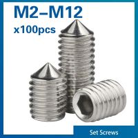 100pcs/lot  Hex hexagon socket set screw cone point grub screw M2 M2.5 M3 M4 M5 M6 M8 M10 M12 304 Stainless Steel DIN914 Nails Screws Fasteners