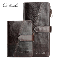 CONTACTS Genuine Crazy Horse Cowhide Leather Men Wallets Fashion Purse With Card Holder Vintage Long Wallet Clutch Wrist Bag