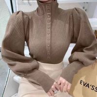 Nomikuma Sweater Coat Korean Puff Long Sleeve Women Knitwear 2021 Spring New Single Breasted Turtleneck Knitted Cardigan 6D839