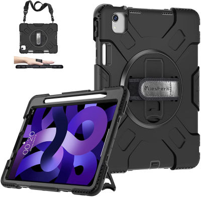 Miesherk STOCK iPad Air 4th/5th Generation Case: iPad Air 4/5 Case 10.9 Inch (2020/2022), Military Grade 15ft Drop Tested Shockproof Protective Cover W/ Pencil Holder - Stand - Handle - Shoulder Strap - Black iPad Air 4th/5th 10.9 Inch 2020 2022 Black + B
