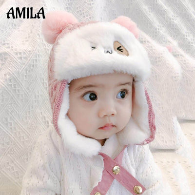 AMILA หมวกแก๊ปสำหรับวัยรุ่น,หมวกแฟชั่นสำหรับเด็กหมวกขนสัตว์อบอุ่นเพิ่มกำมะหยี่ลายคริสต์มาสมีหูหมวกเด็กน่ารัก