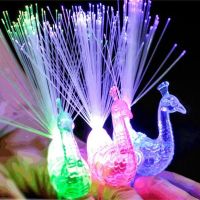 Random Color Glowing Peacock Finger Light/ LED Lamp Optical Fiber Plastic Finger Ring/ Colorful Led Light Up Finger Rings/ Luminous Finger Lamp Toys Gifts