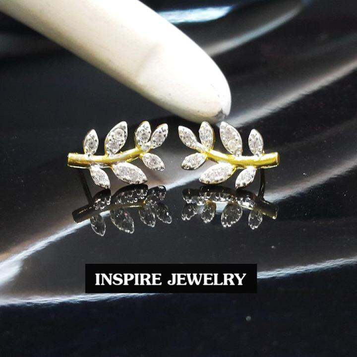 inspire-jewelry-ต่างหูเพชรสวิสรูปใบมะกอก-เครื่องประดับมงคล-หุ้มทองแท้-100-or-gold-plated-diamond-cloning